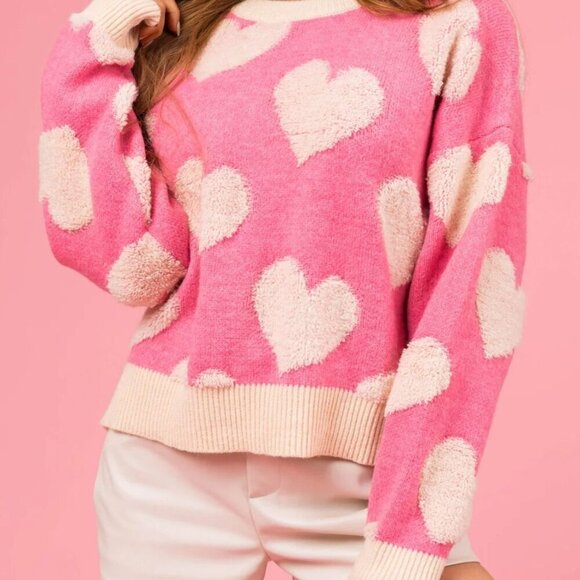 NWT Valentine’s Day Fuzzy Heart Round Neck Long Sleeve Sweater - Picture 5 of 8